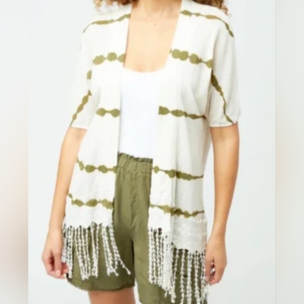 XCVI Striped Fringe Cardigan - Cream and Green